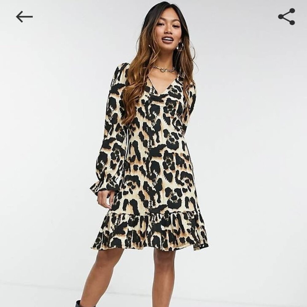 River Island leopard print frill hem mini dress in brown SZ US 14